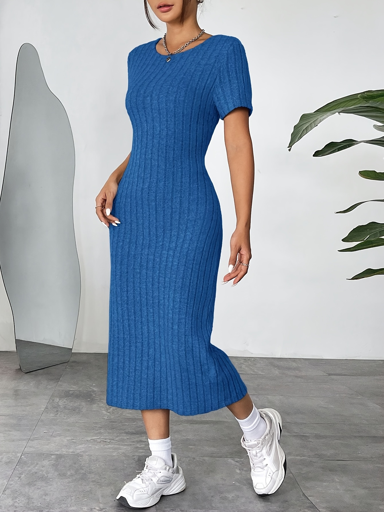 womens royal   fit pencil   season machine washable round neck midi dress for casual office vacation wear versatile clothing sleek texture casual wear stretchy fabric professional women