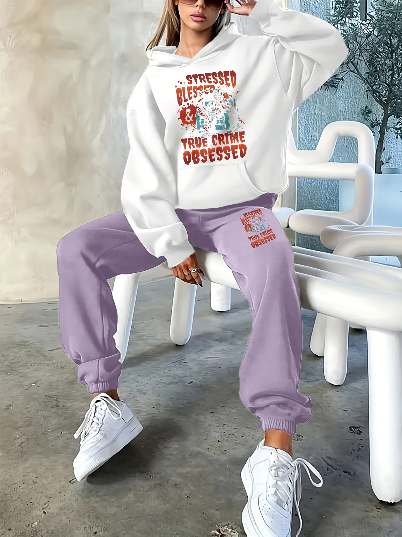 2025 fall/winter new arrival, stressed blessed     casual letter print loose warm long sleeve hooded women  -piece set with elastic waist drawstring pants 0