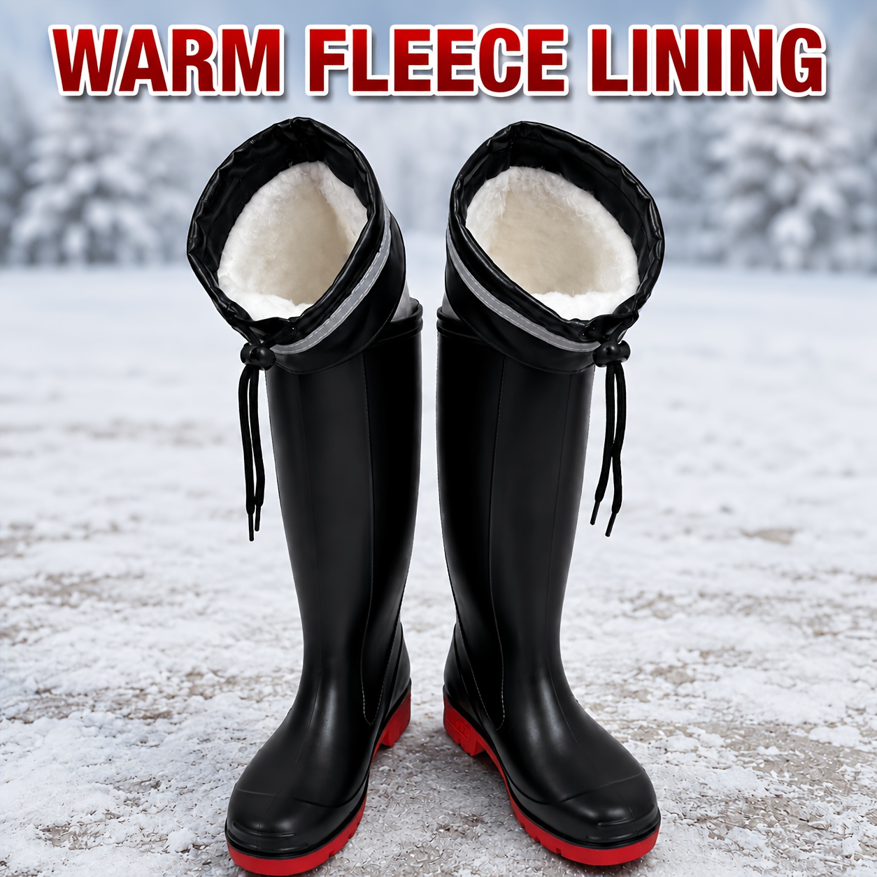 TEMU Tall Waterproof Rain Boots, Detachable Fleece-lined Drawstring Warm Cover, Non-slip Thickened Wear-resistant Sole Work Rain Boots, Outdoor Snow
