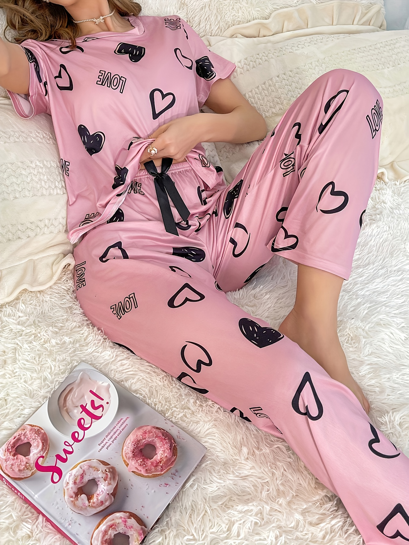 an adorable   and letter print womens pajama set featuring a short sleeve round neck top   with long pants soft and comfortable Product details 0