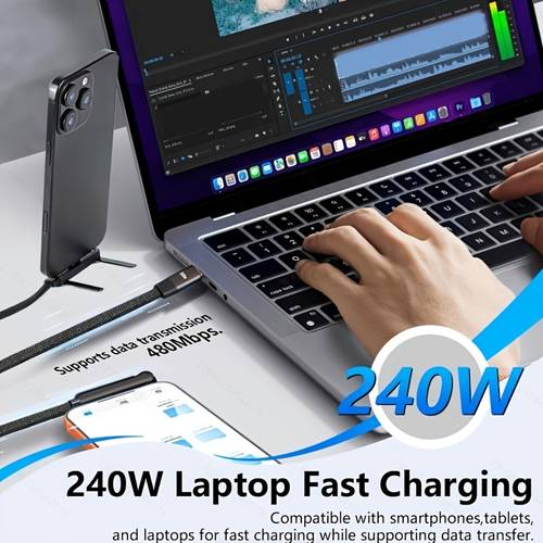 240w pd fast charging c to c data cable with 360 rotating metal stand universal invisible charging cable