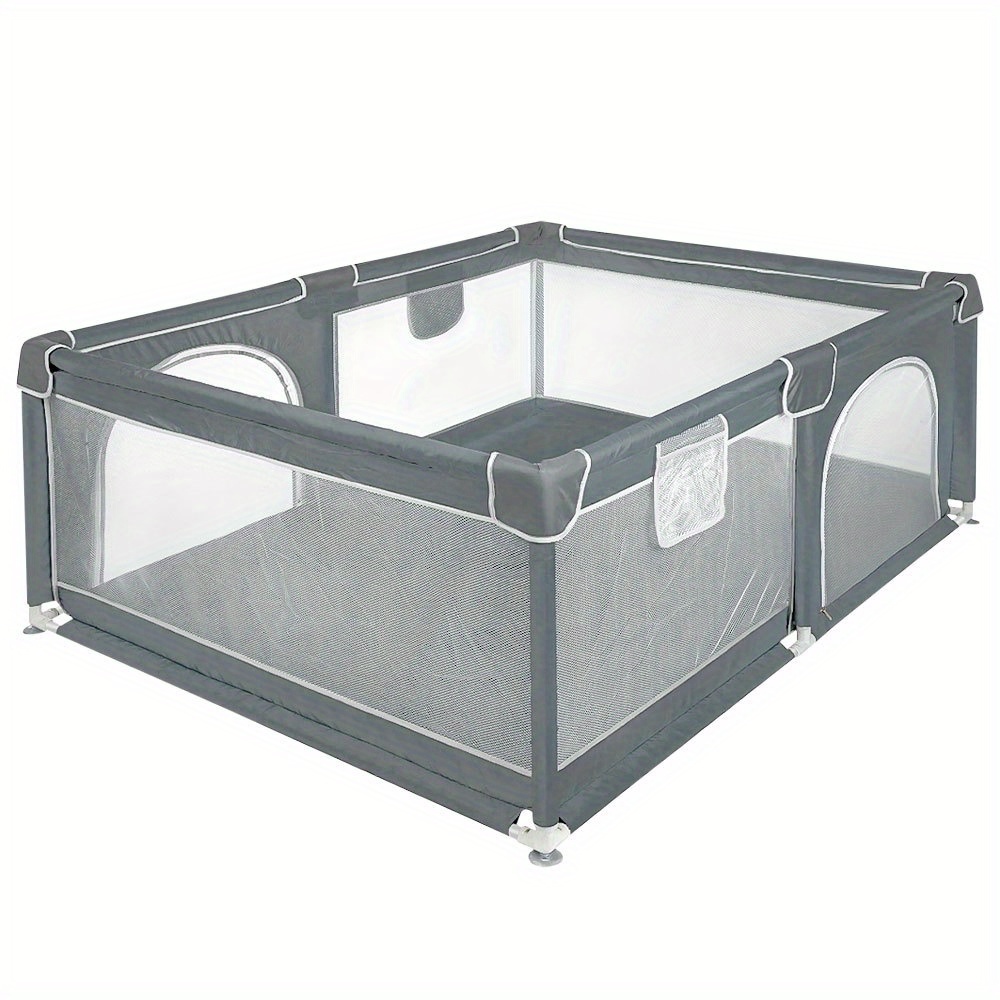 Image of Versatile Pet Barrier, Animal Enclosure With Storage Pouch, Ensures Pet Safety, Ideal For Living Room, 120x160x66cm, Dark Gray