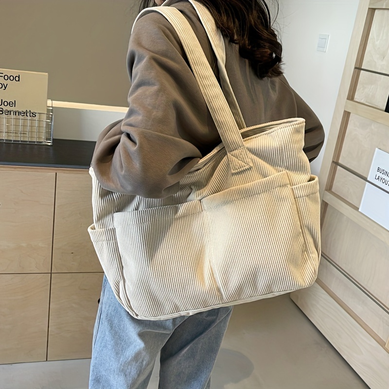 

Sac fourre-tout décontracté en velours pour femme, sac à bandoulière beige à rayures avec bretelles fixes, fermeture à glissière, doublure en polyester, grande pour quotidiennes et le shopping