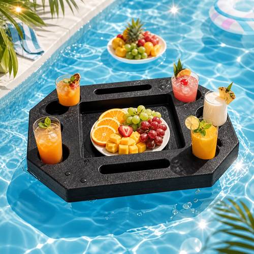 Bandeja Negra para Piscina, Mesa de Té Multifuncional para Ocio Acuático y Estante para Bebidas, Organizador de Bebidas con Compartimento para Teléfono, Bandeja de Servicio Accesorio Portátil para Piscina, Adecuada para Jacuzzis, Playa