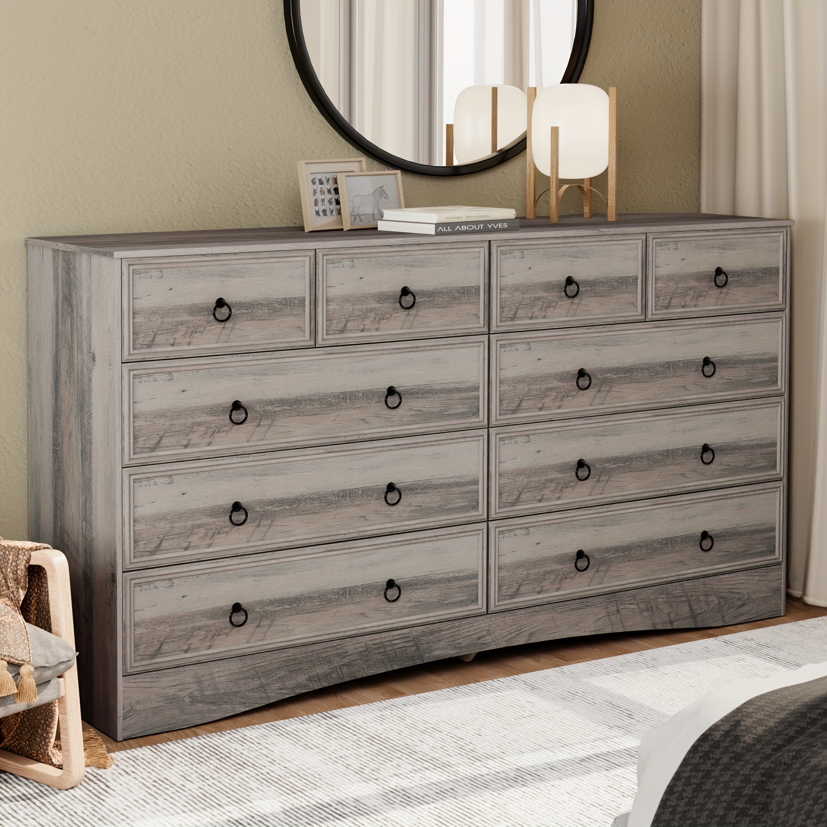 a rustic wooden dresser with five drawers, standing 48 inches tall,  featuring a vintage design and natural texture, organizing storage in or  living room - furniture - Temu