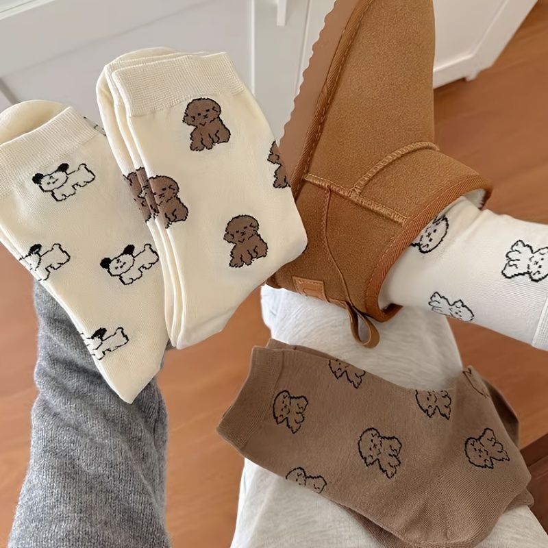 

5pcs Cute Puppy Print Mid-calf Socks For Women - Cozy Polyester , Fall & Winter