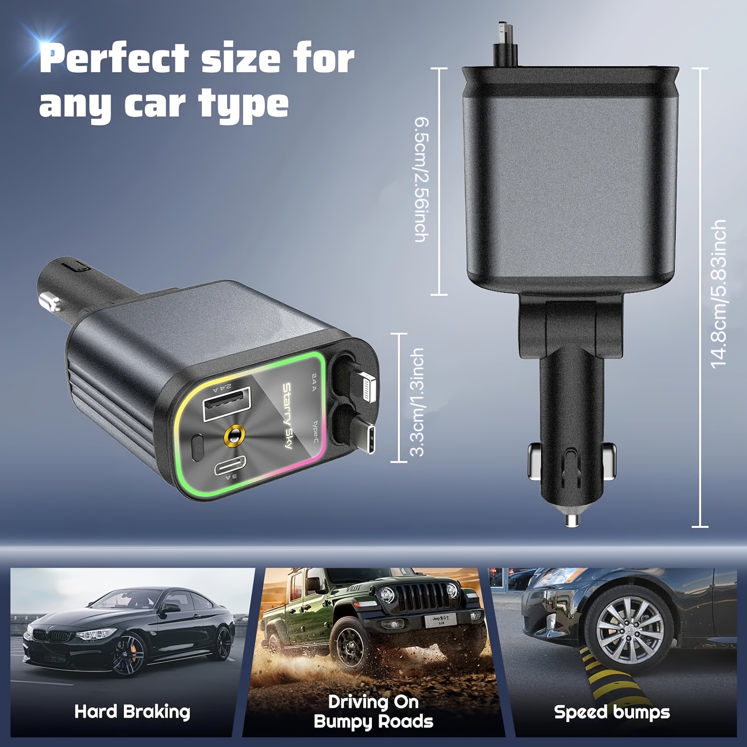 SAN.COMO Retractable Car Charger with 4-in-1 Adapter, 31.5-inch Telescopic Cable & 2 USB Ports, Fast 66W USB C Charger, 180° Adjustable Direction, Anti-Tangle Spring Design, Compatible with Multiple Phone Models, Projection Roof Ambient Light, Universal for All Vehicles