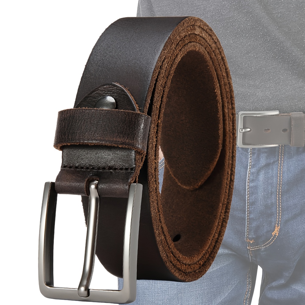 TEMU Men's Leather Pin Belt - Full Grain Belt - Retro Style - Durable Genuine Leather Belt With Adjustable Holes, Suitable For Waist Sizes, Perfect