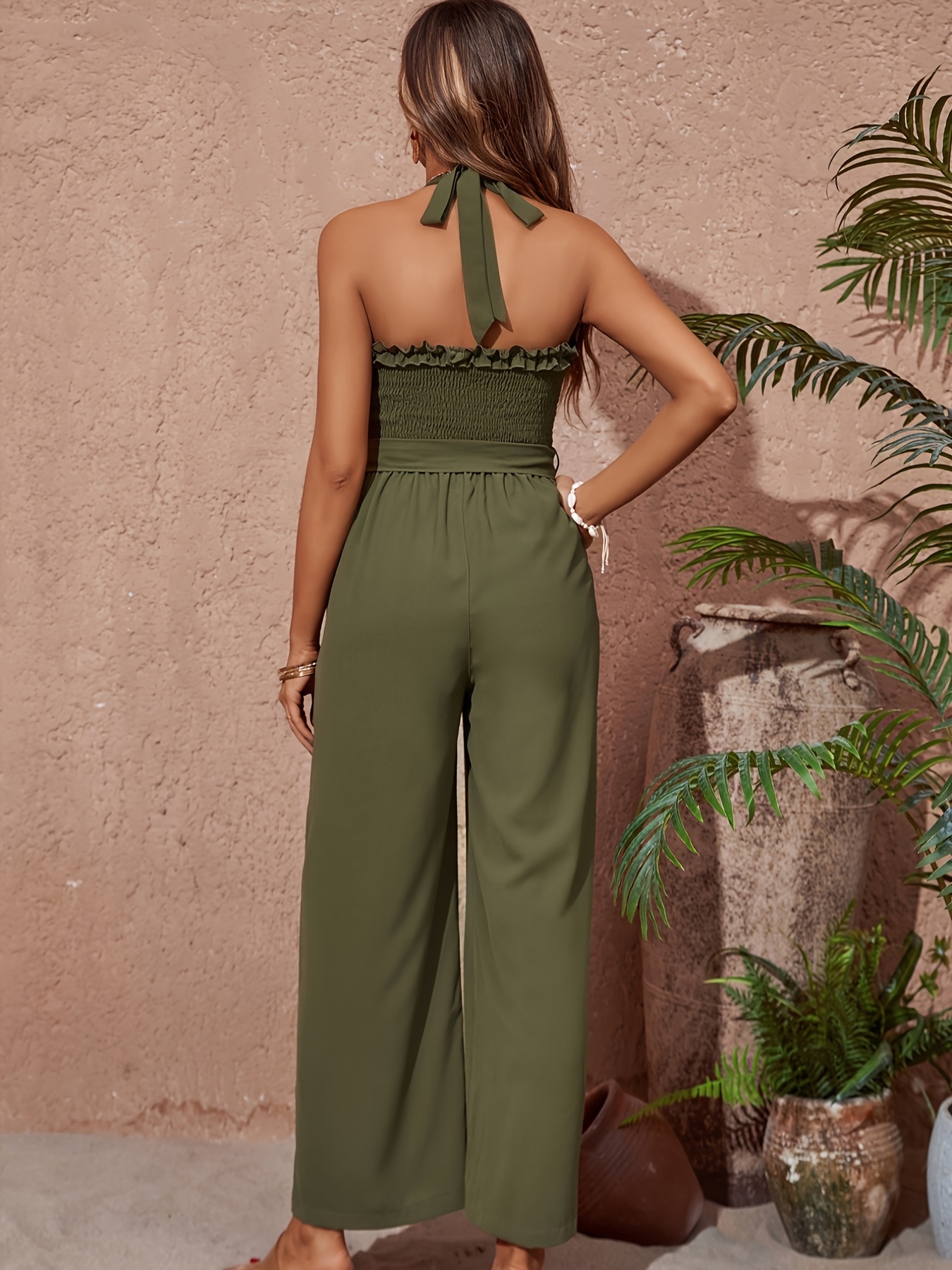 ruffle trim halter wide leg jumpsuit vacation shirred tied backless belted jumpsuit womens clothing details 0