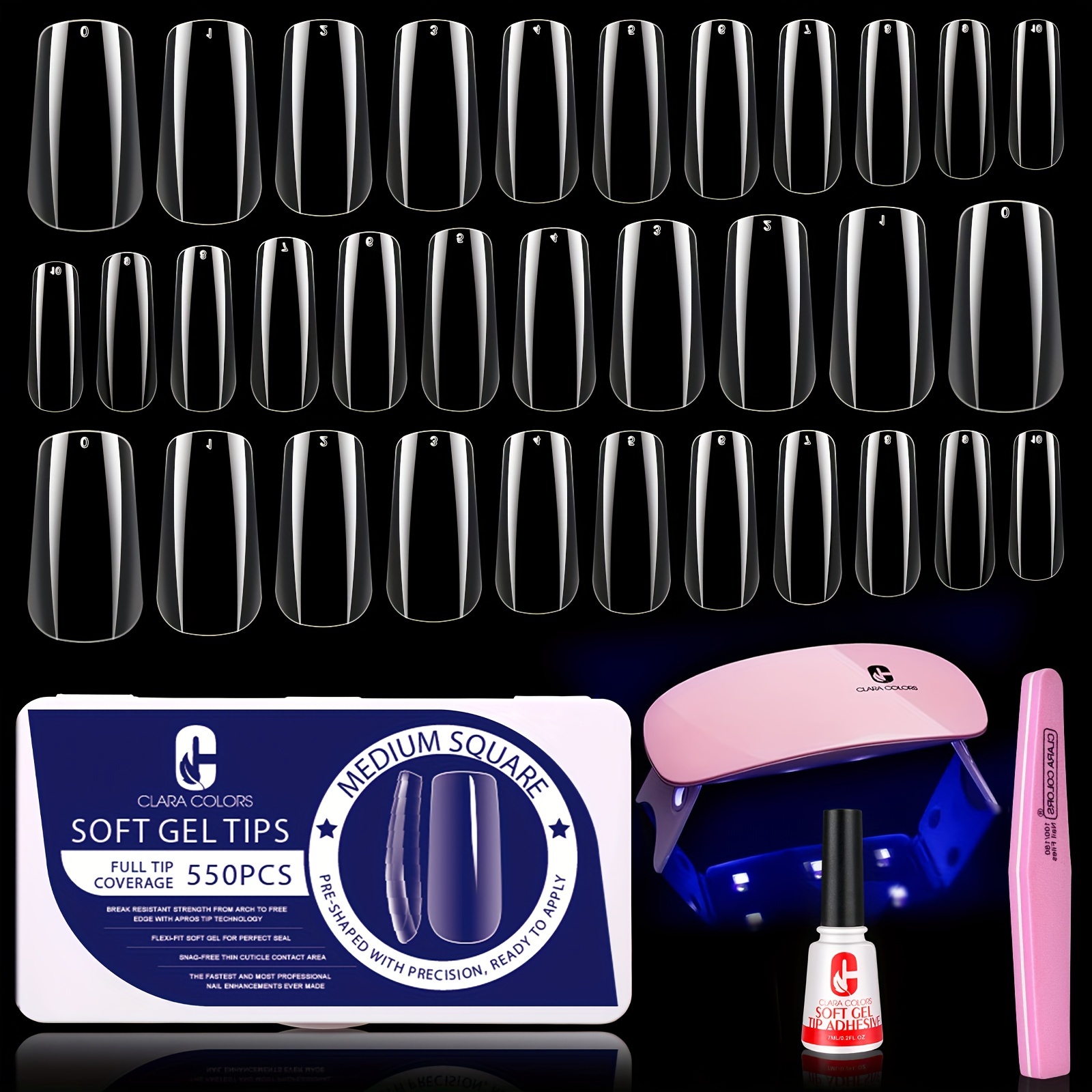 

Tips And Glue Gel Kit, 550pcs Full Cover Soft Gel Fake Nails Tips And Nail Glue Kit With Led Nail Lamp, Medium Square Artificial False Nails Tips For Acrylic Nail