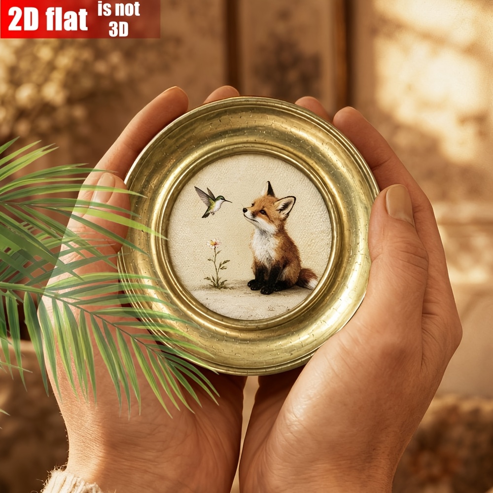 TEMU 2D Platte Houten Ronde Plaatje Kleine Vos Retro Olieverf Schilderij Decoratieve Bord Retro Gouden Frame Individuele Creatieve Entree Woonkamer