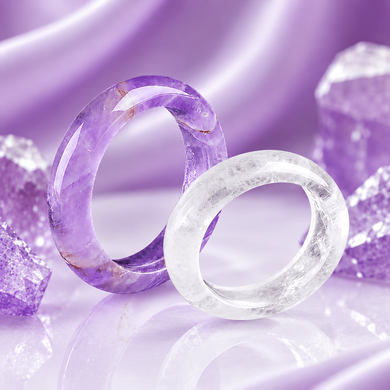 TEMU 2pcs Stackable Natural Amethyst And Clear Quartz Wide-band Women's Fashion Ring, Fresh And Unique Versatile Fashion Accessory, Birthday Gift,