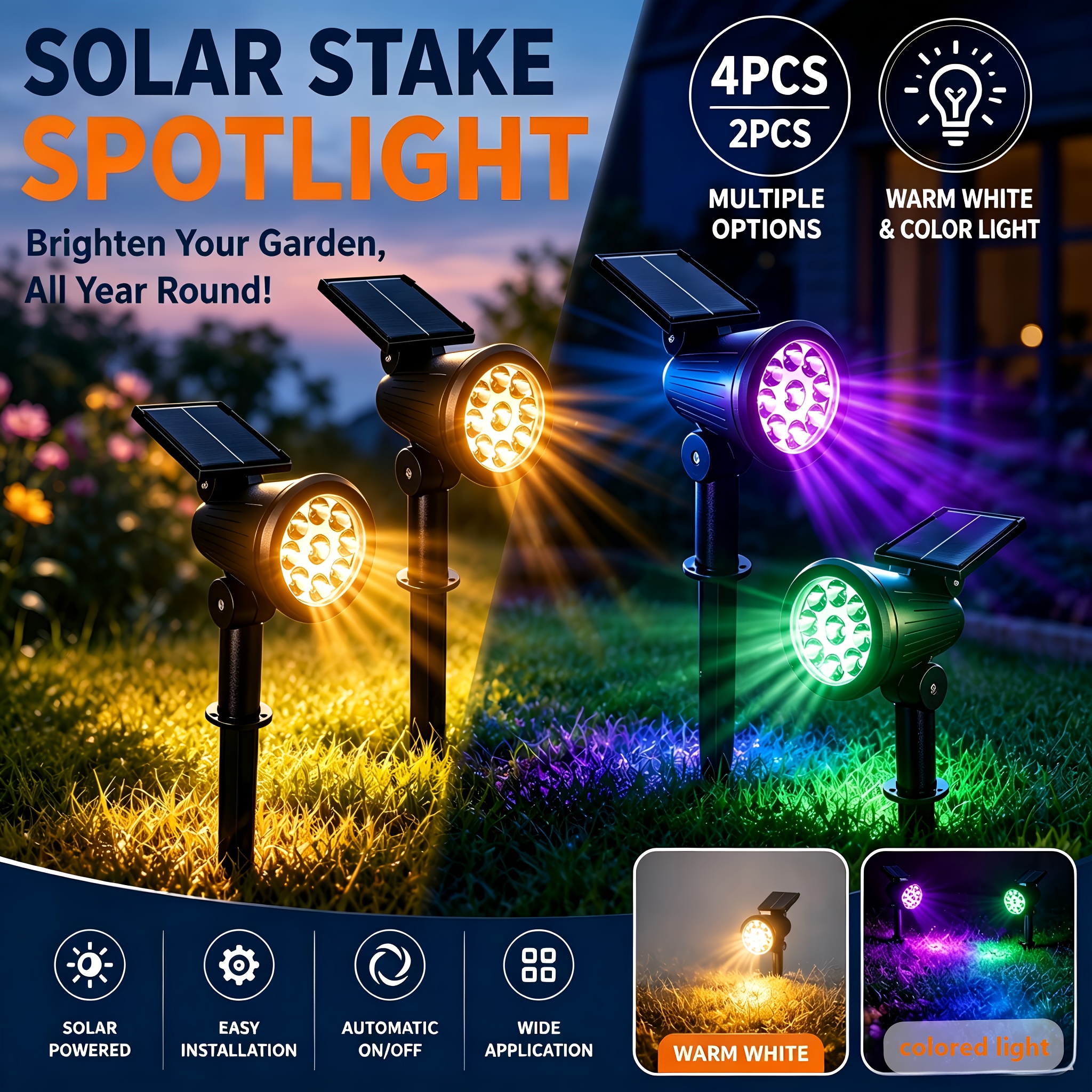 item picture 2pcs 4pcs solar outdoor landscape lights featuring 2 lighting effects warm light and colored light with 2 installation     mounted on walls or lawns offers 180 degree adjustable angle for no blind spots suitable for decorating