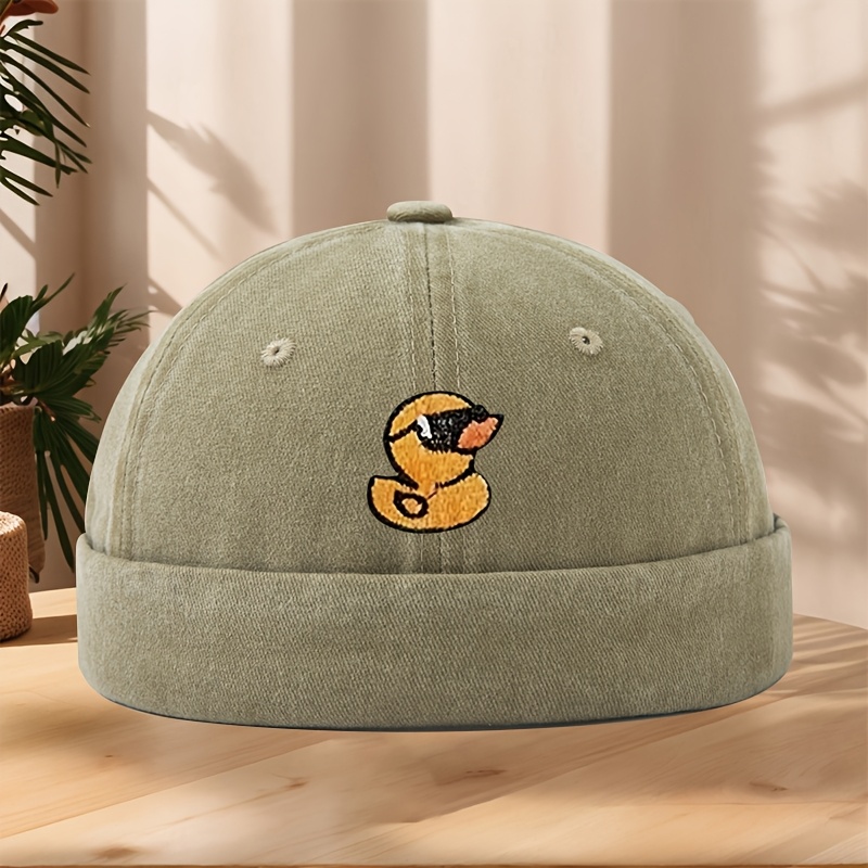 TEMU High-quality Cute Little Yellow Duck Embroidered Brimless Cap, Sweat-absorbent And Breathable, Classic Washed Distressed Vintage Landlord Hat,