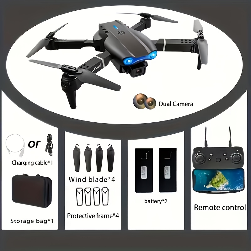 TEMU 2026 New E88 Pro Foldable Drone With Dual Camera With 2 Batteries, 90° Adjustable Dual Cameras | /landing, Hold, 360° Stunt Roll, Beginner-level