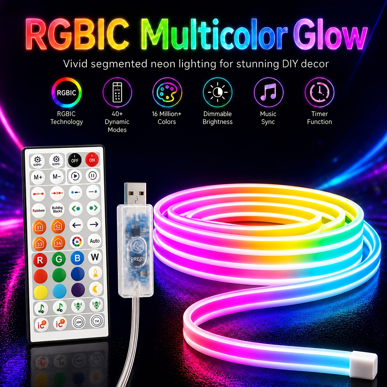 TEMU Rgbic Led Neon Rope Lights | 32 X 8ft Flexible Strips With Remote Control | Usb Powered, Music Sync | Lighting For Bedroom & Party Decor | , No