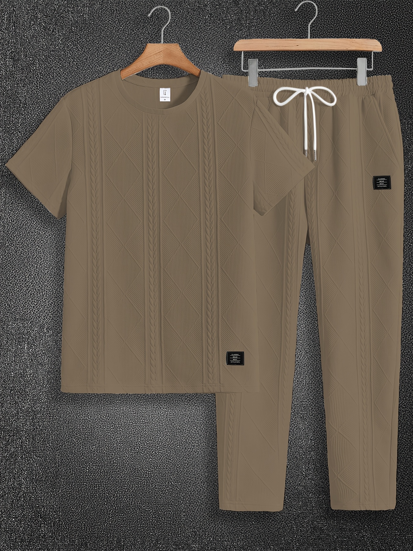 Men'S Suit Round Neck Car Knit Label Tassel Texture Short Sleeve Top Drawstring Slant Pocket Long Pants Casual Two-Piece Set