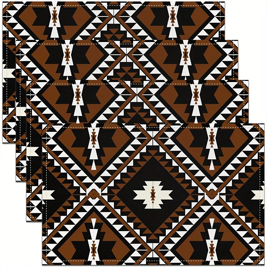 

4-pack Rustic Western Placemats, Southwestern Aztec Bohemian Table Mats, Ethnic Mexican Style Geometric Diamond Design, Linen, 12x18 Inch, Machine Washable, Square, Woven, Kitchen & Dining Decor