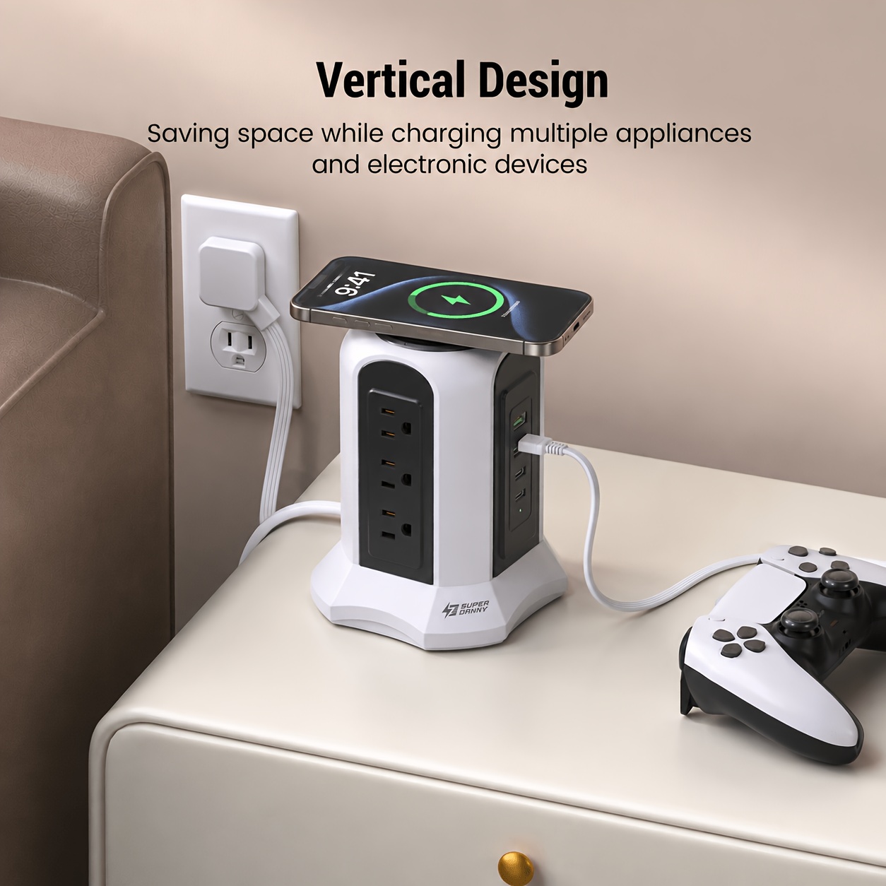 TEMU 15w Wireless Charger Power Strip Tower Protector With 8.8ft Long Extension Cord, 9-outlet (10a), 4 Usb(4.5a), Electrical Charging Station