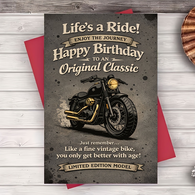 TEMU 1pc Greeting Card And 1pc Envelope. 2d Flat Retro Motorcycle Theme Birthday Card For Rider Dad, Husband, Or Friend, Wishing , Christmas Gift