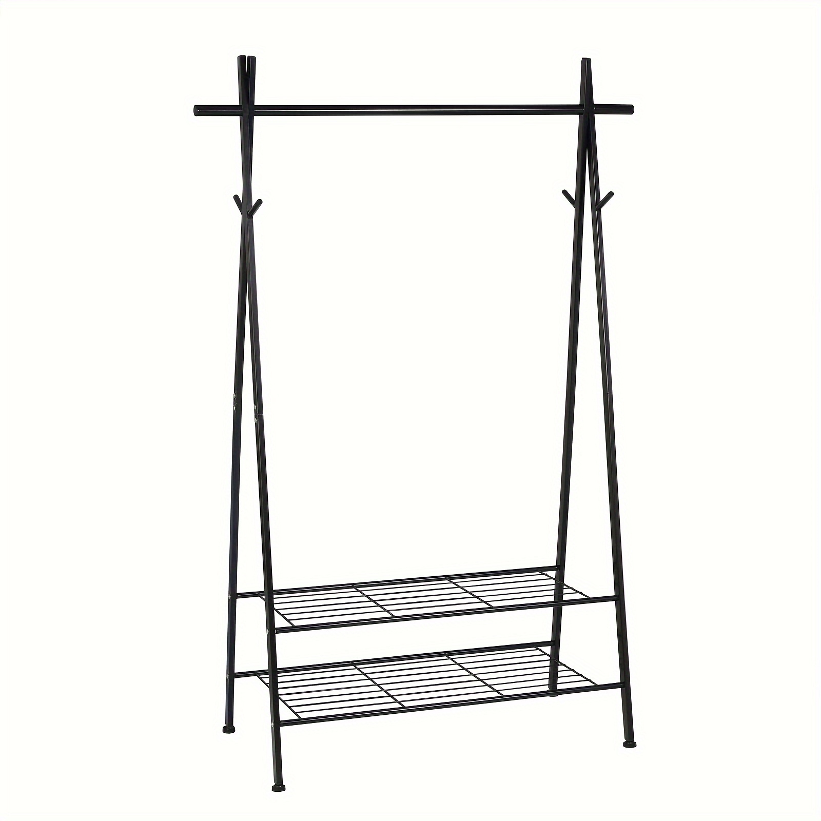 Image of 1pc Black Stainless Steel Freestanding Clothes Rack With Shoe Rack And Hooks, Metal Coat Stand, No Electricity Or Wooden Materials Required