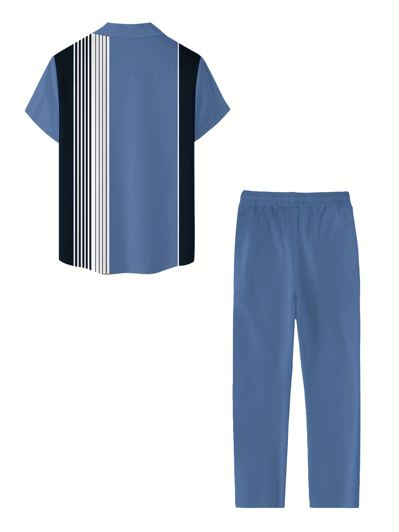 European and American Men's fashion stripe pattern print design button- short-sleeved shirt top and casual trousers matching suit, fashionable street street, seaside casual vacation short-sleeved shirt set