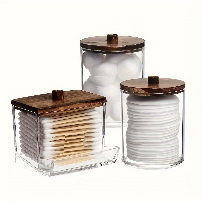 

3pcs Bathroom Organizer Set , Swab Dispenser & Cosmetic - Wooden For Organization