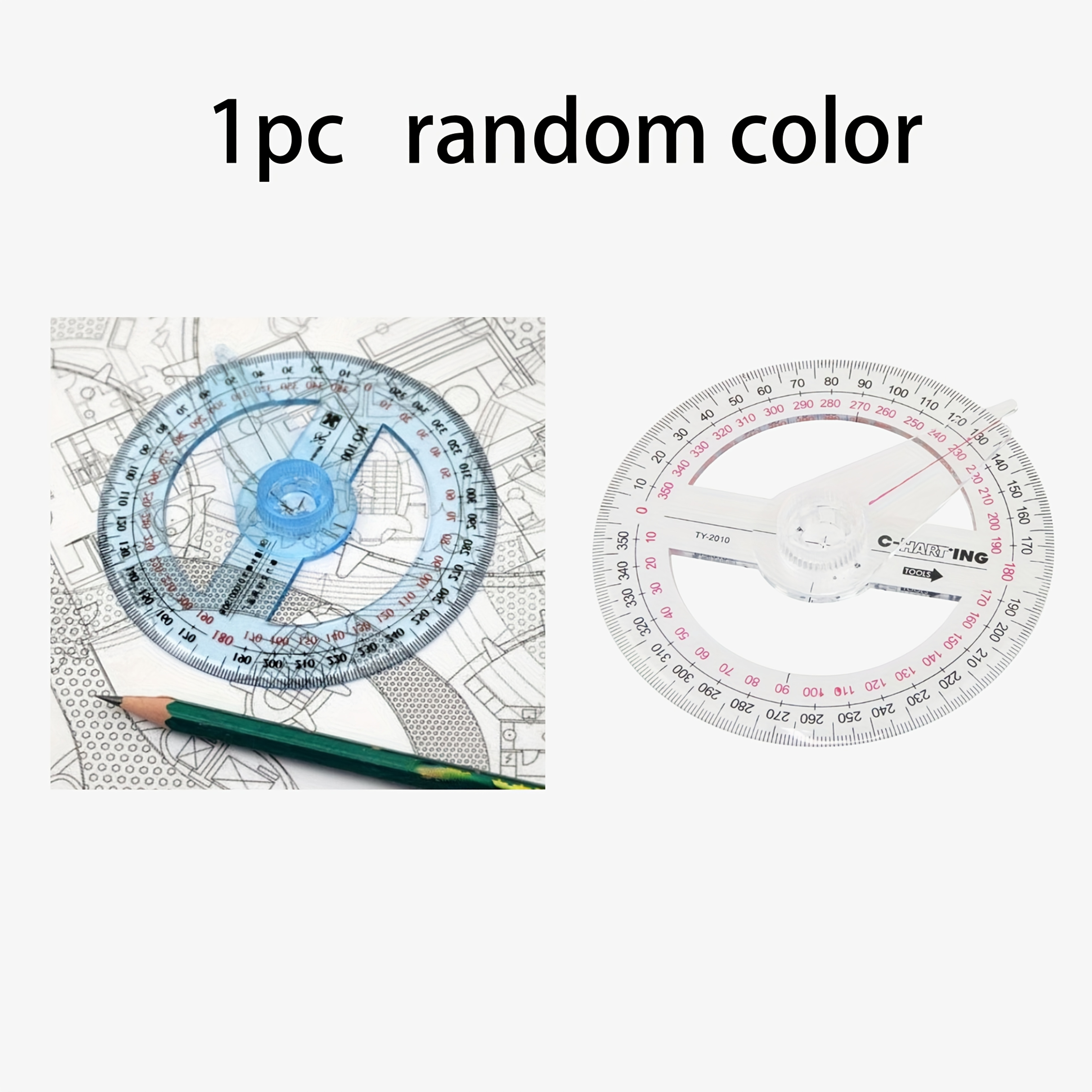 TEMU 1pc Random Color Drawing Design Ruler 360 Degree Protractor Mathematical Angle Teaching Aid Drawing Angle Measuring Angle Angle Learning Tool