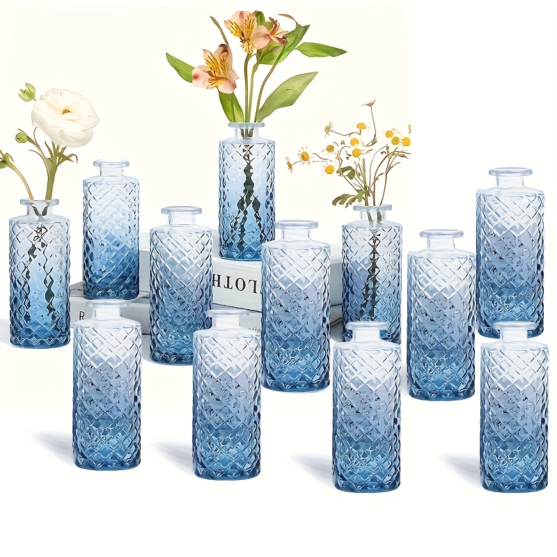 Set di 12 vasi in vetro blu, piccoli vasi da fiori vintage per la decorazione di