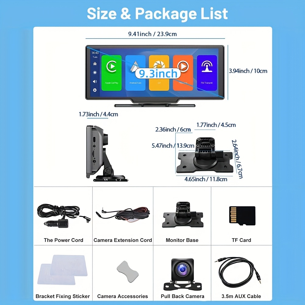 Image of Podofo 9.3'' Auto, Portable Car Stereo With 2.5k Dash Cam, 1080p Backup Camera, Car Play Navigation Voice Control, Handsfree Call/ Music, Aux/ Fm Transmitter, Free 64gb Tf Card
