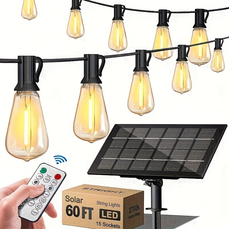 

Bliatlus Solar Powered String Light 48ft 60ft 120ft With Remote Control 8 Light , Shatterproof Led Bulb Outdoor Strand Patio Light For Backyard Porch Cafe, Large Solar Panel