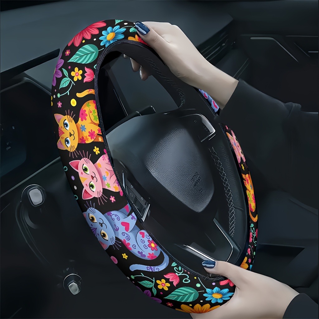 TEMU 1pc Colorful Kitten Playing In Flower Car Steering Wheel Cover, Soft And Breathable Texture, Hand Fatigue, Use, Fashionable Car Accessory, Gift