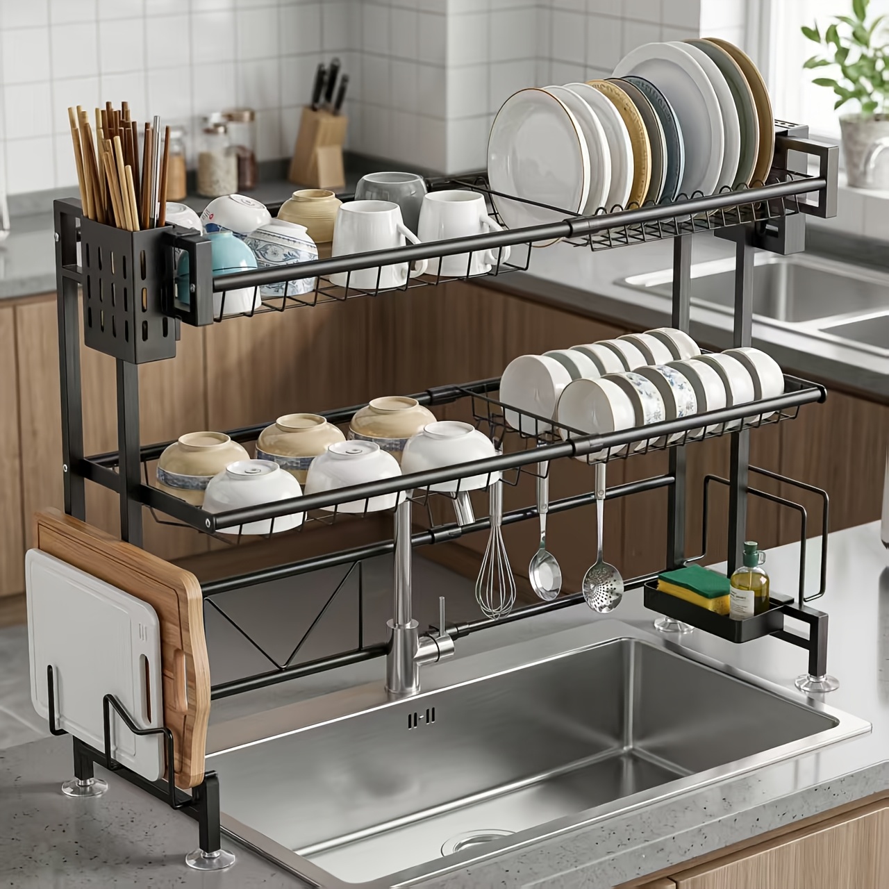 TEMU 1pc Sink- Rack - Adjustable And Expandable Kitchen Storage Rack With Basket, Carbon Steel And Plastic, Black | Space-saving Dish Rack | Dish