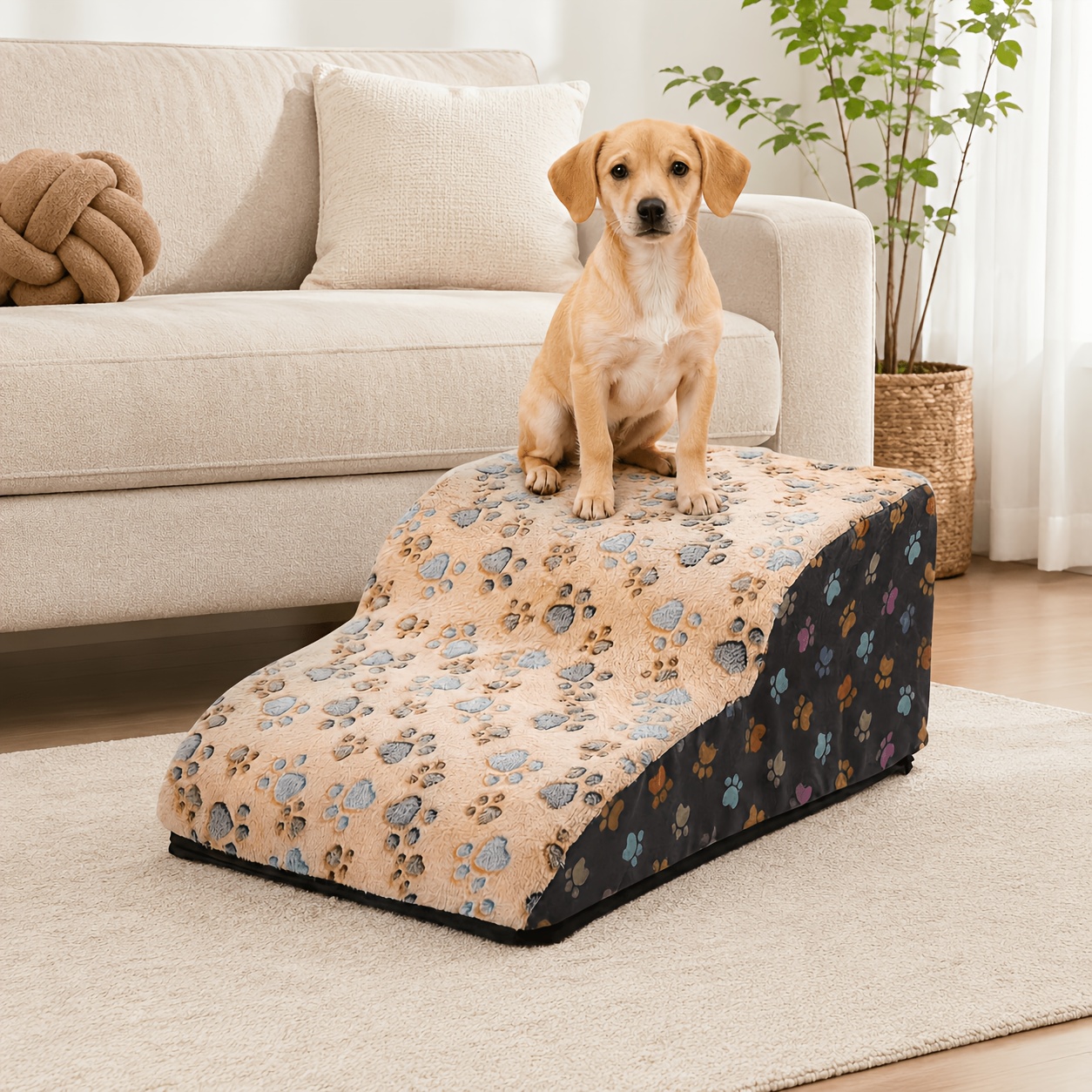 TEMU Pet Stairs For Small Suitable For Bed, Sofa, Car - Soft Plush Ramp With Removable Washable Cover, Non-slip Bottom & Cushioned Steps For Puppies,