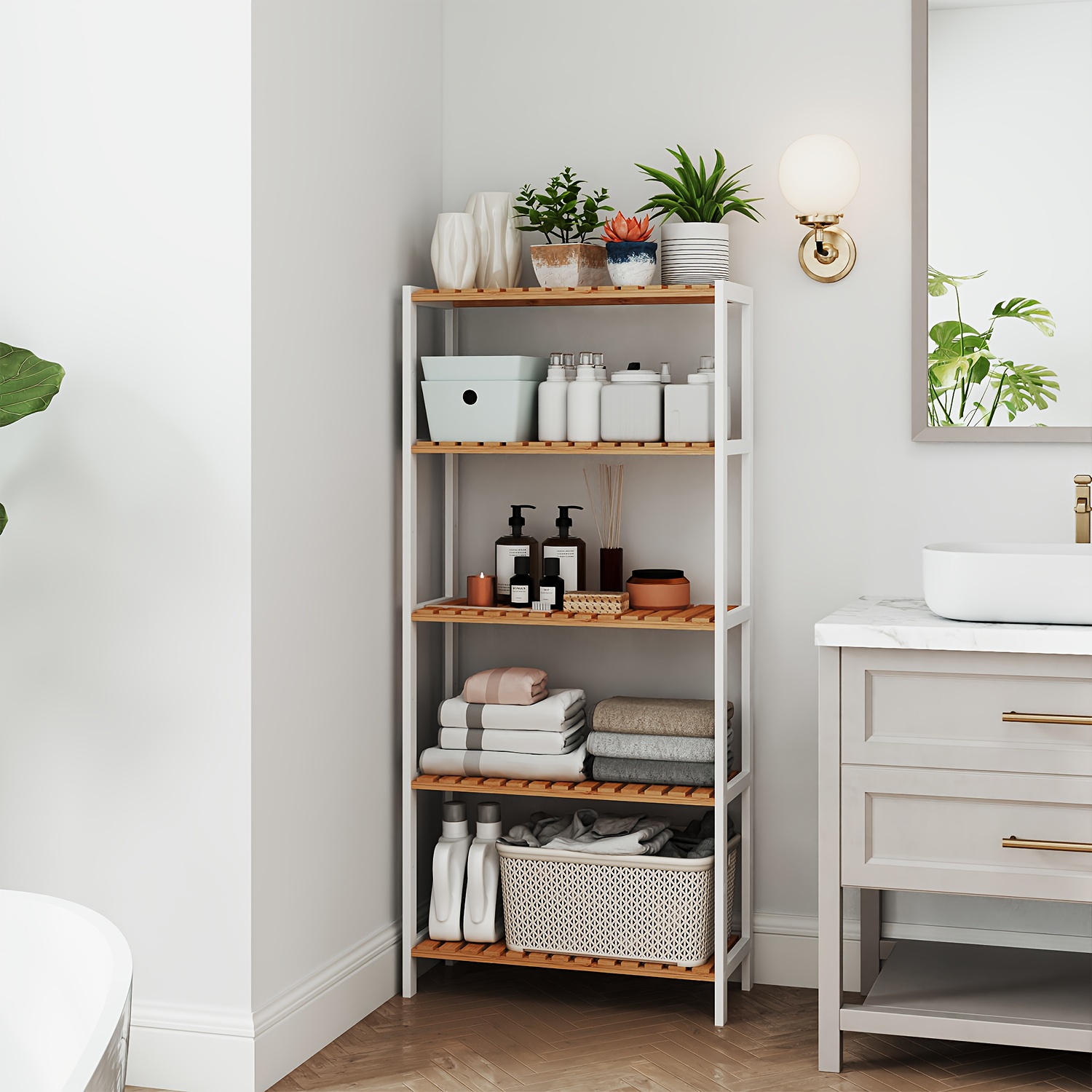 TEMU 5-tier Bamboo Storage Shelf With Open & Closed Shelving Units - Modern White & Natural Finish, Space-saving Multifunctional Shelving Unit With