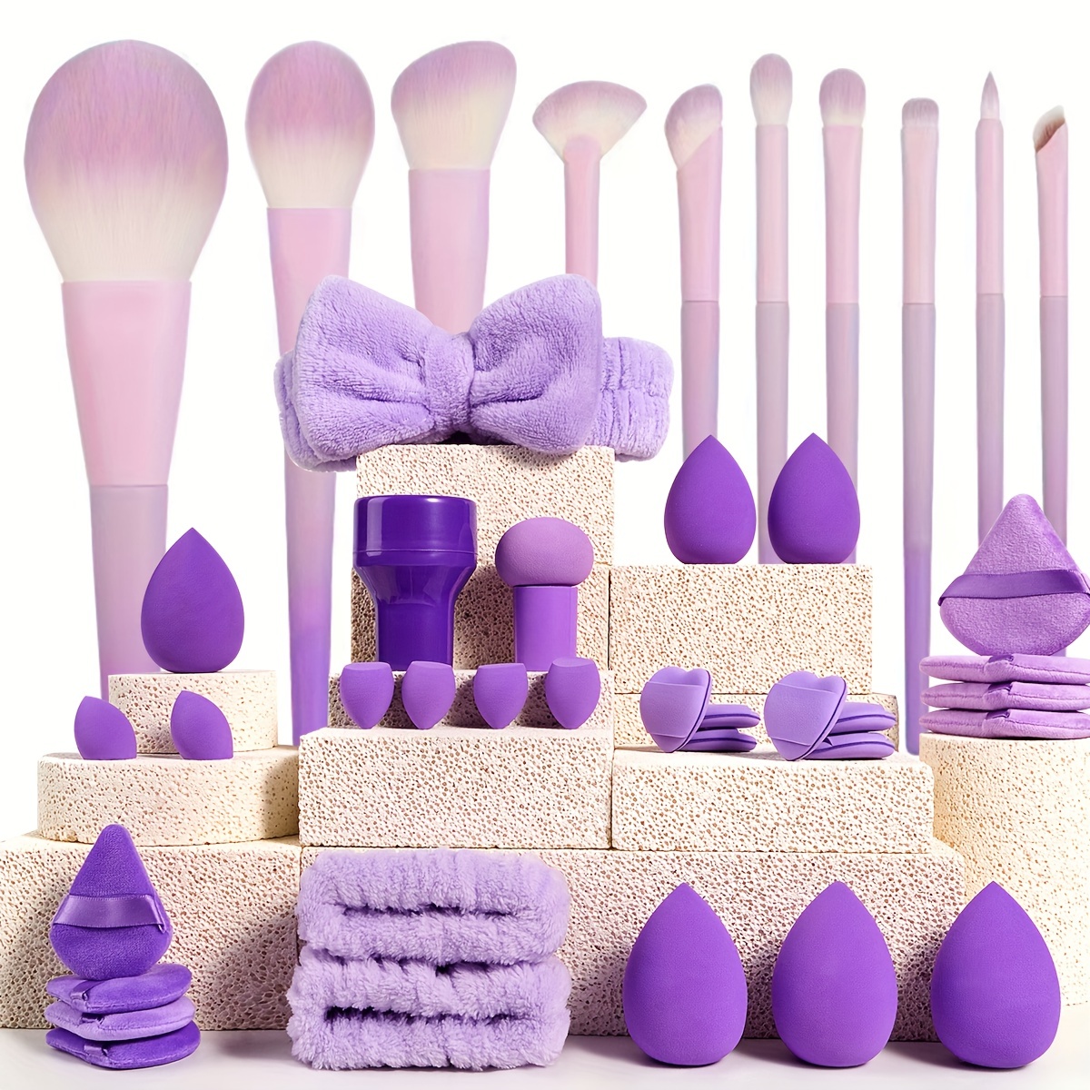 

30/40pcs New Purple Makeup Tool Set, Set Includes 10 Makeup Brushes + 1 Tie + 2 Wrist + 1 + 6 + 6 -shaped + 6 Small + 8 Triangular Flocking