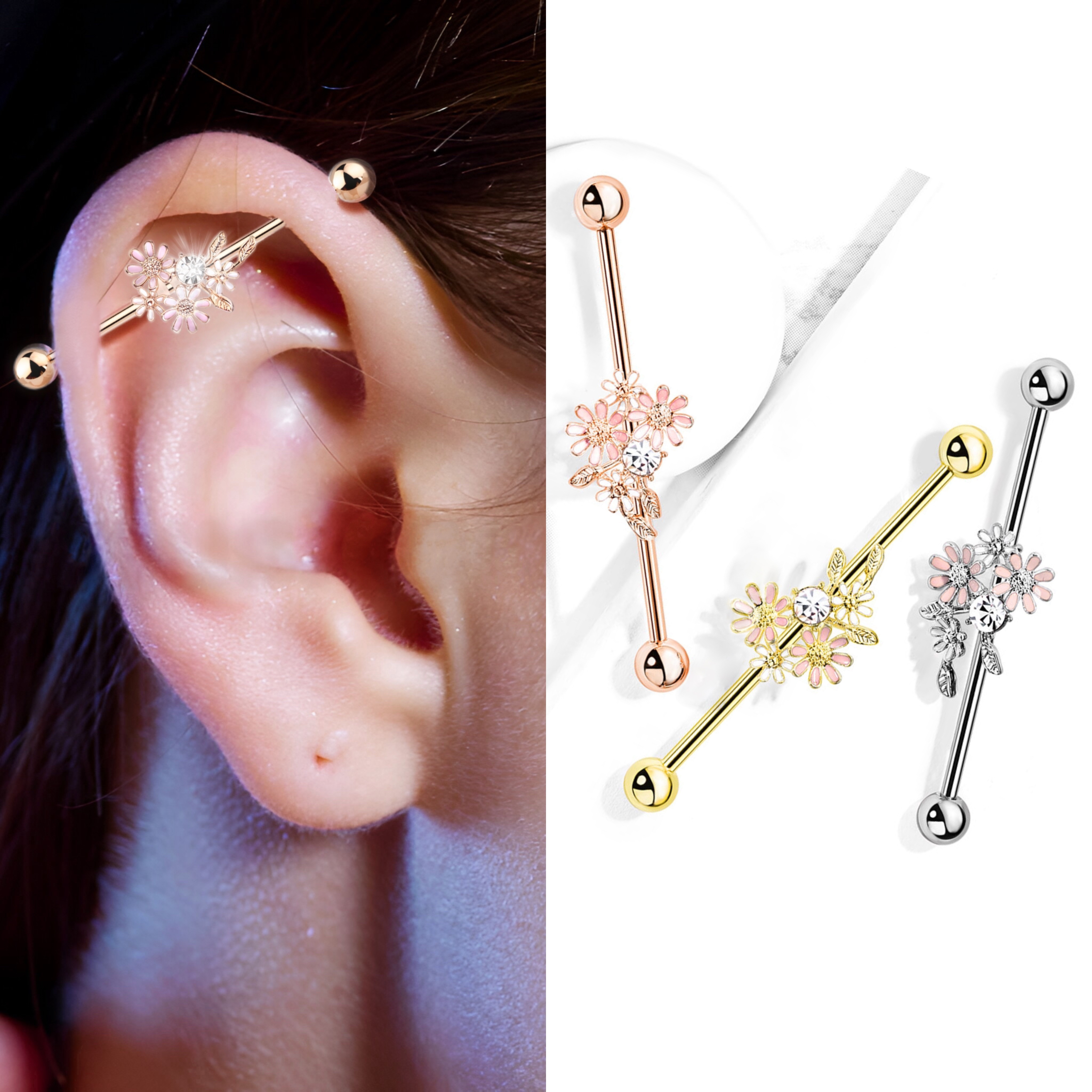 

1pc Stainless Steel Industrial Barbell With Flower & Faux Gem Design, Body Piercing Jewelry, Romantic Summer Style Ear Cartilage Earring For Daily Wear, Sexy & Cute Date Gift, Party Accessory