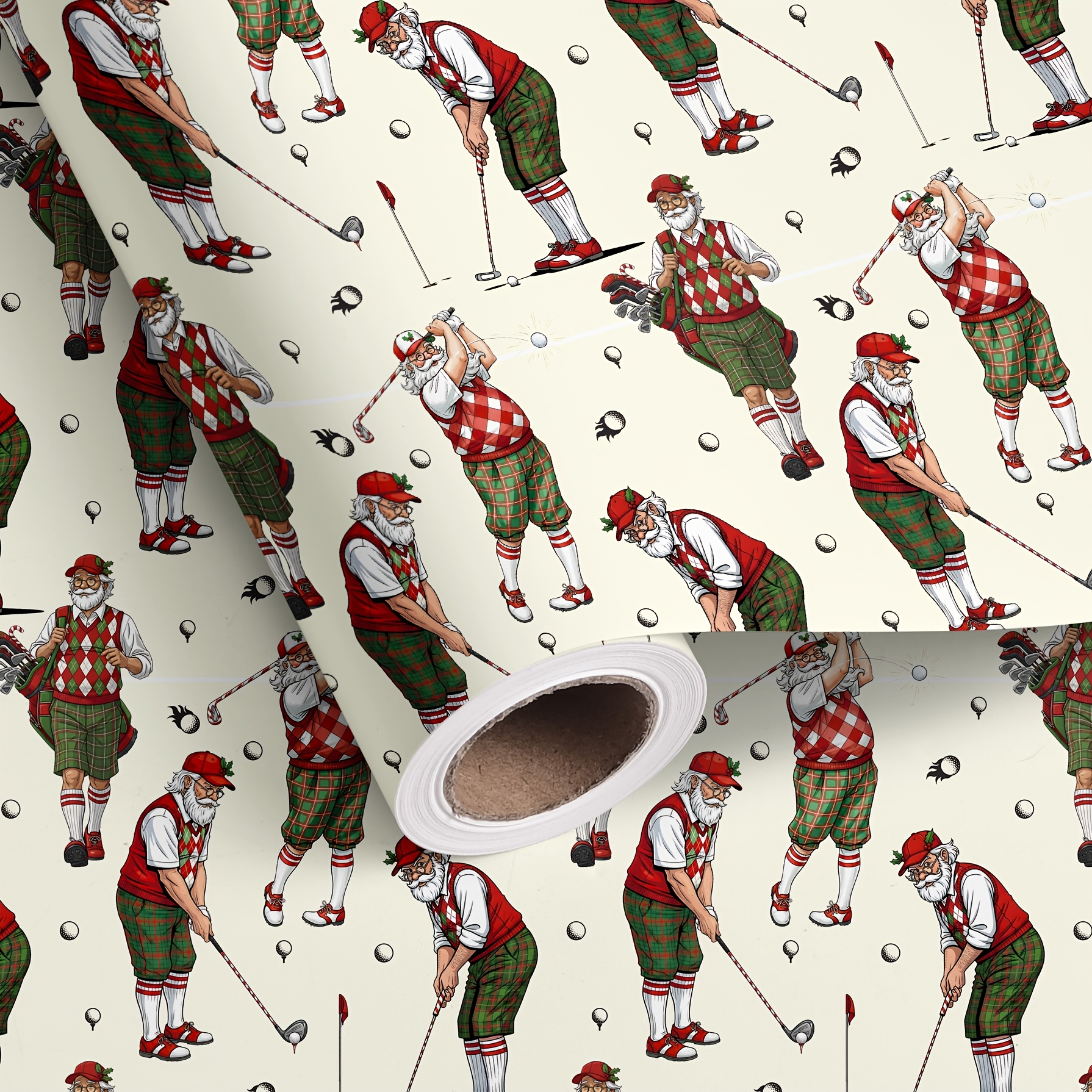 TEMU Noël Père Noël au Golf - 1 Rouleau de de Noël Golf - Design Amusant de Père Noël Jouant au Golf avec un de Golf pour Emballage Cadeau Sportif