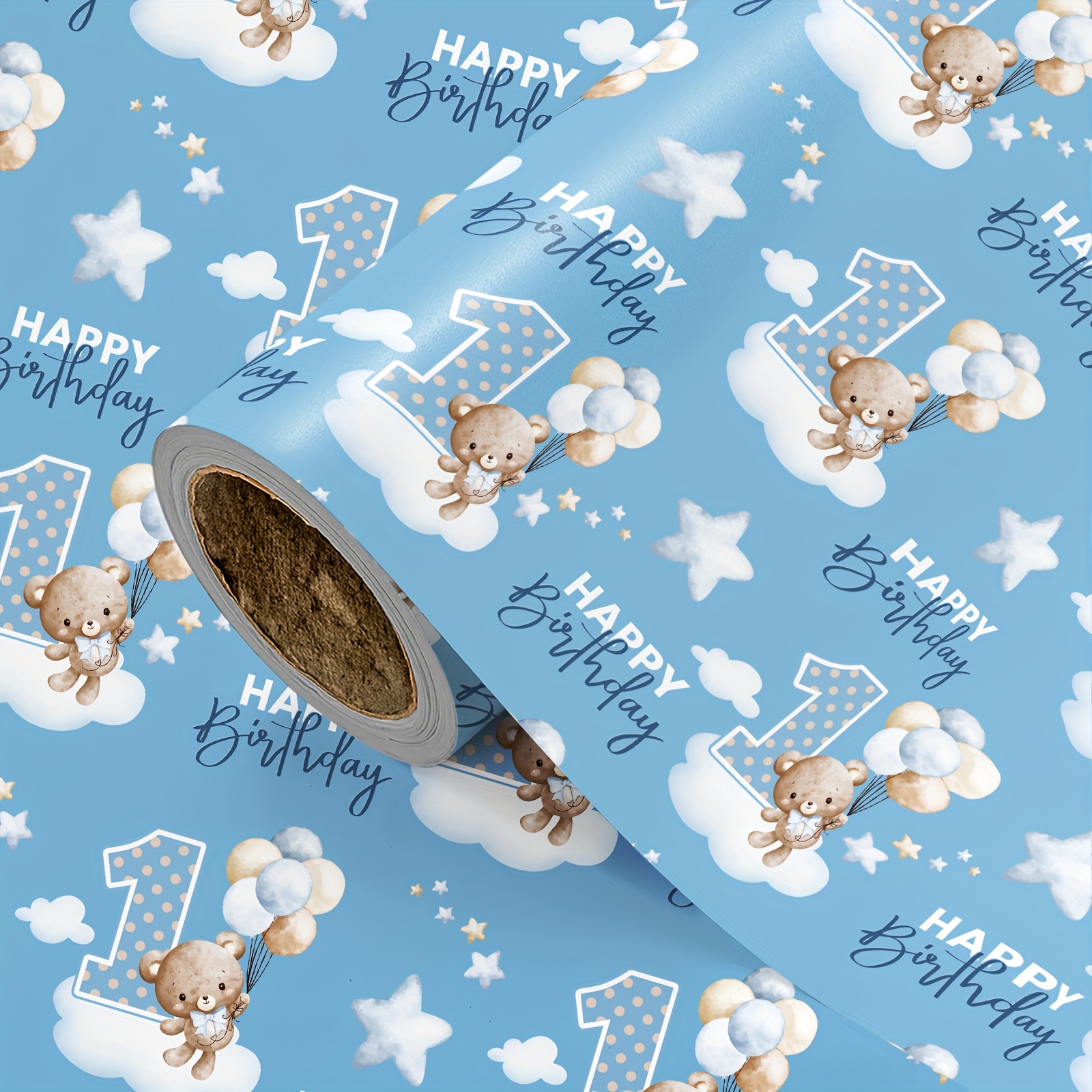 E-shop 1 Rolle Geburtstagsthema Geschenkpapier | Hintergrund mit Bär, Sternen Zahlenmustern, geeignet für Erstgeburtstagsgeschenke,