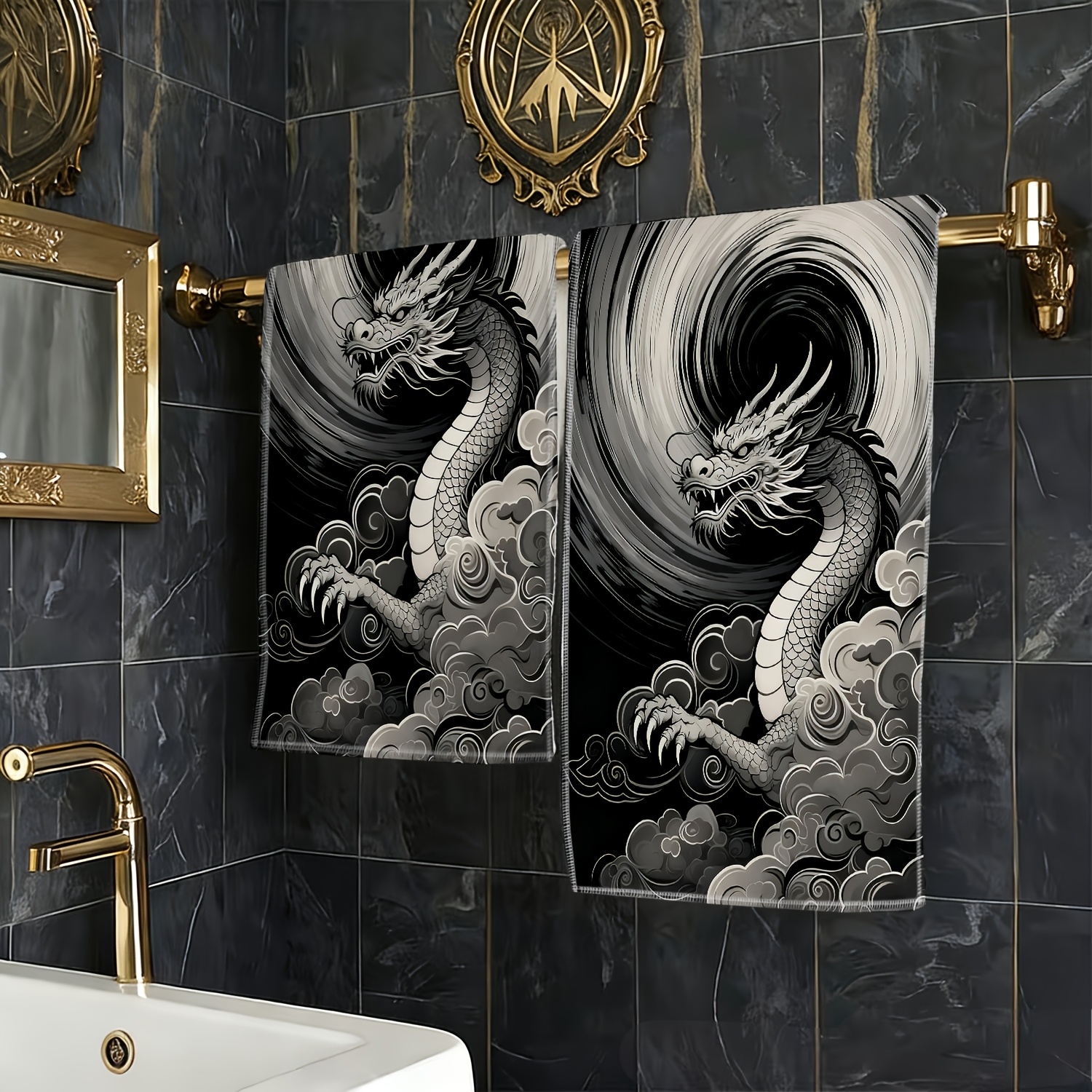 TEMU 1pc Dragon Themed Hand Towel Suitable For Facial Cleansing, Bathroom Decor & Kitchen Use - Contemporary Dragon Print Towels With Suitable For