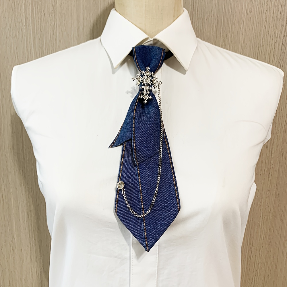 TEMU Handmade Unisex Double-layer Denim Shimmering Exquisite Necktie, High-end Elegant, Suitable For Uniform, Daily, Party