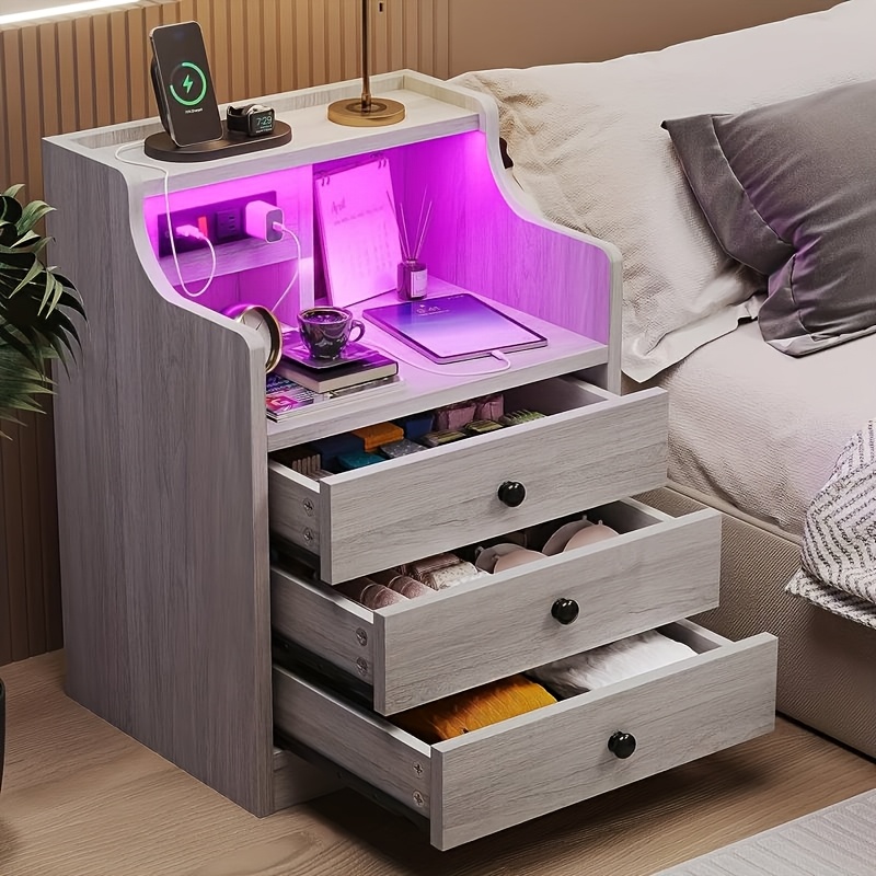 [Halloween Christmas] Nightstand with Charging Post, Side Table with USB Port & Socket, End-Table with 3 Drawers & Storage Shelf, Heavy Duty Night Stand, Small Dresser for Small Spaces, School And Dormitory Storage, for Halloween And Christmas, Storage Drawer Units