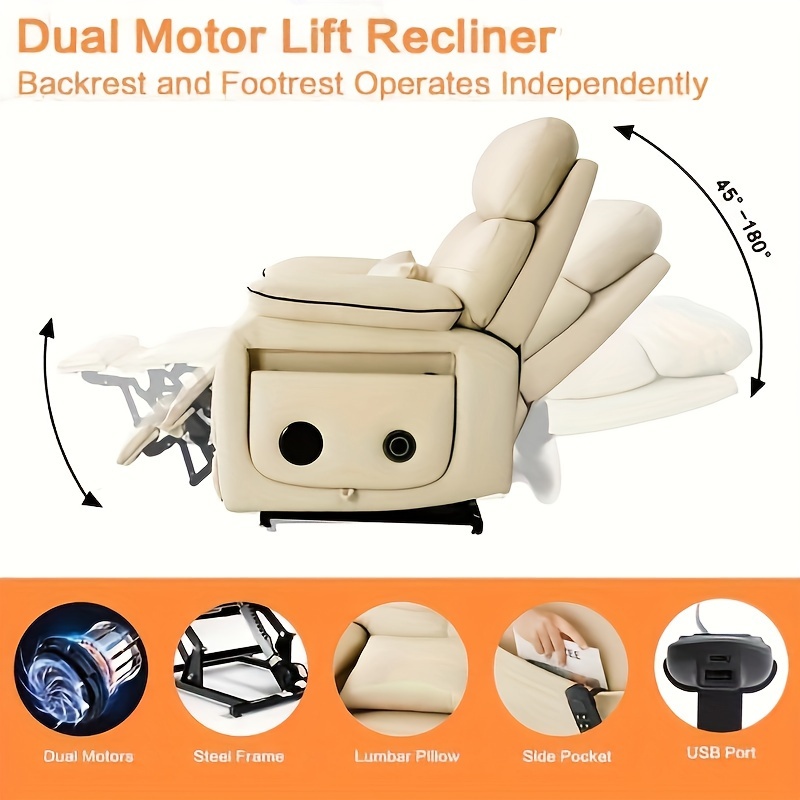 infinite position electric lift recliner with wireless charger and cup holder vibration massage and heating genuine faux leather beige brown silvery gray color   Product details 4