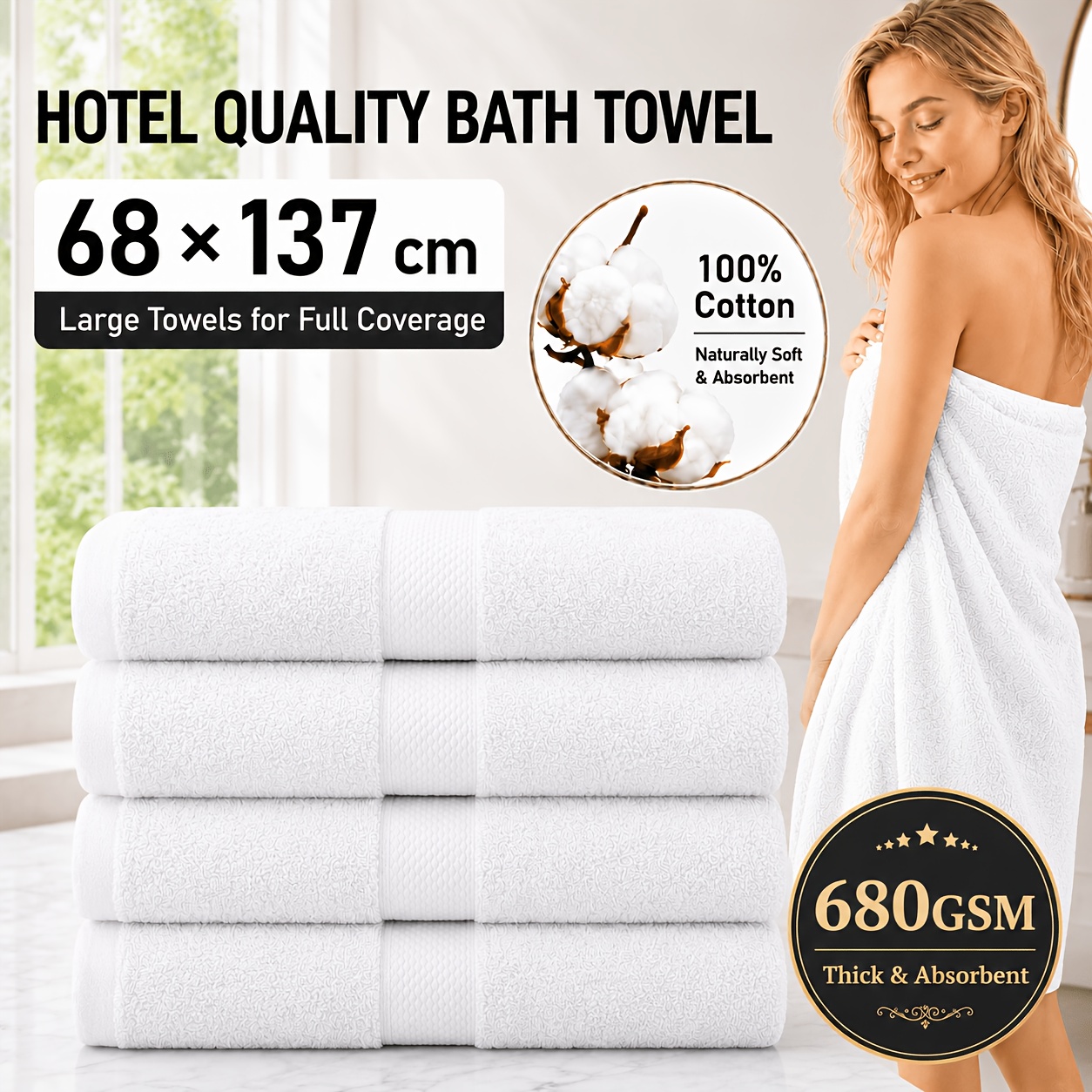 TEMU 680gsm 100% Cotton Towels Ultra Soft & Absorbent - Extra Thick, Durable, Home, Hotel, Spa - 68x137cm, 4pcs Towels Set, Ideal For Bathroom