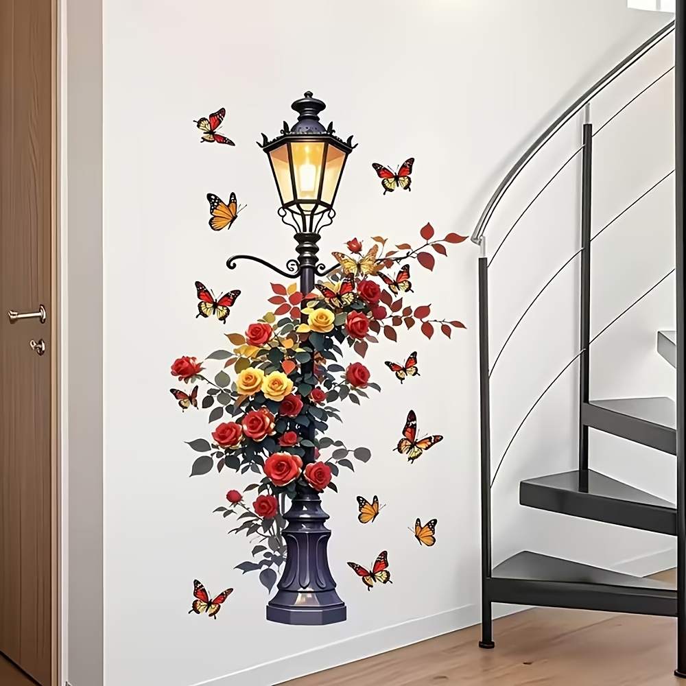 Image of 1pc Vintage Red And Street Lamp Wall Sticker - Romantic Retro Floral Theme Decal, Self-adhesive And Removable, Suitable For Staircase / Living Room Wall Decoration, Cozy Home Decor Item