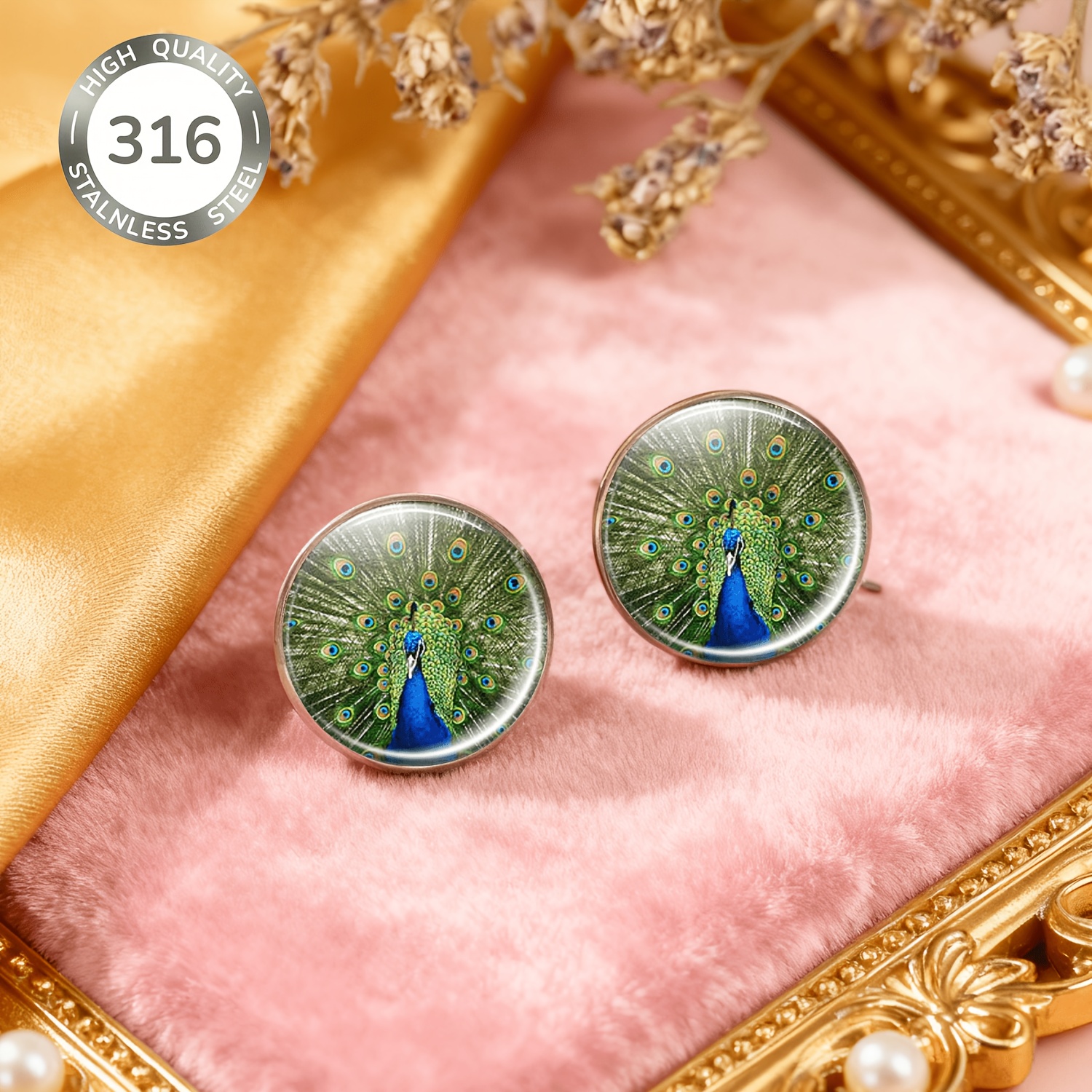 2pcs Set of Non-Piercing Peacock Tail Earrings and Studs