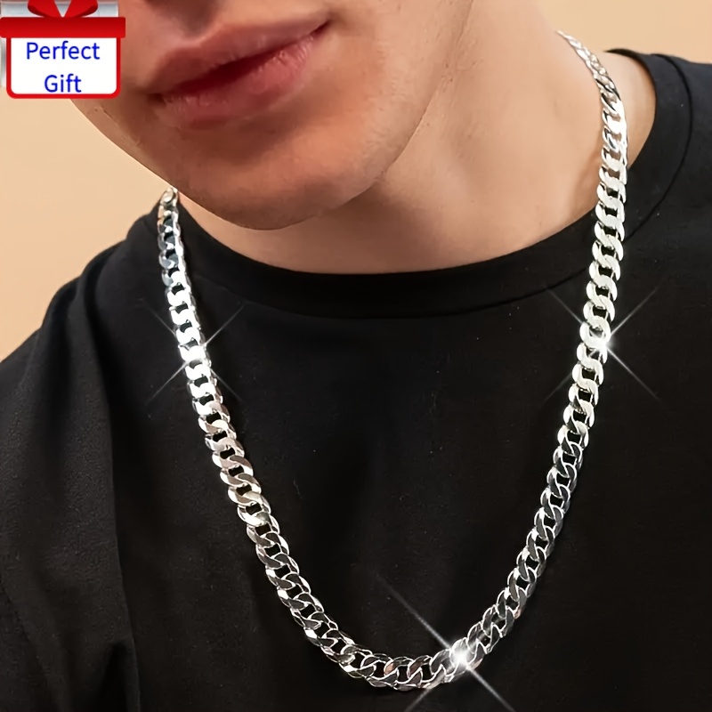 

Collier Chaîne Cubaine Plate Élégante en Argent 925 Plaqué - Style Bohémien, Cadeau pour la Saint-Valentin, Convient aux Hommes et aux Femmes, Largeur 7mm, Noël, , Bijoux de Fête et Cadeau