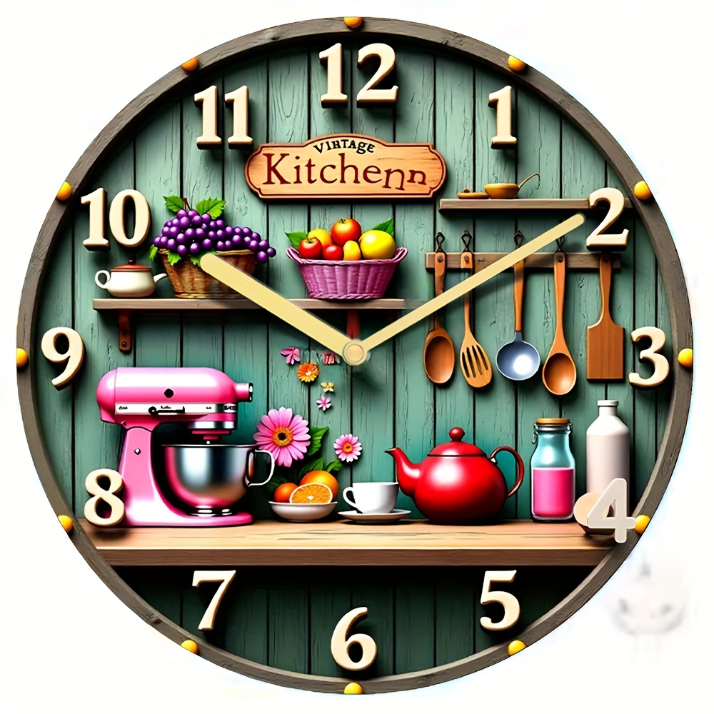TEMU 1 pièce Horloge de cuisine japonaise vintage à quartz - Horloge murale ronde silencieuse avec motif culinaire , cadre en bois adapté à la