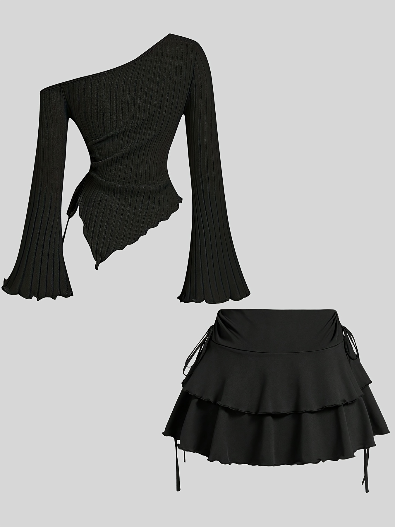 womens casual off shoulder flare sleeve top with ruffle hem skirt set