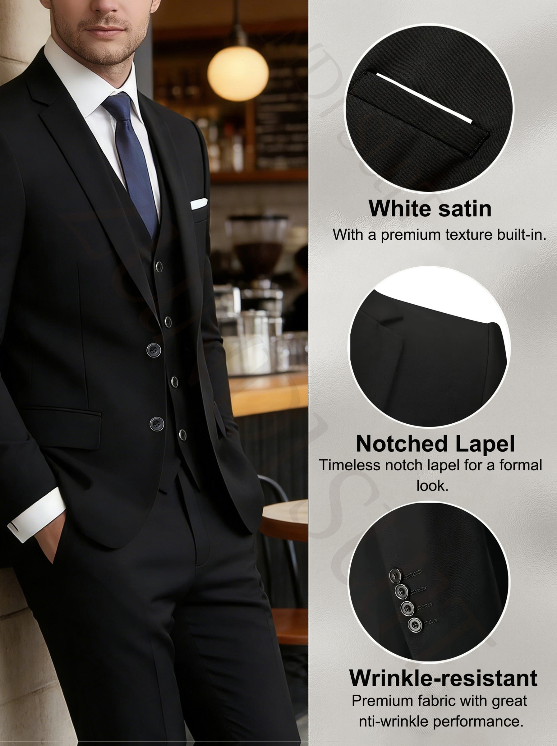 Elegant Men'S 3pcs Suit - Slim Fit Suit Set for Weddings And Formal Occasions, Suit And Pants, Suitable for Office Meetings And Elegant Events, Formal Wear | Slim Fit Suit | Durable Wedding Suit (Random Pocket Square)